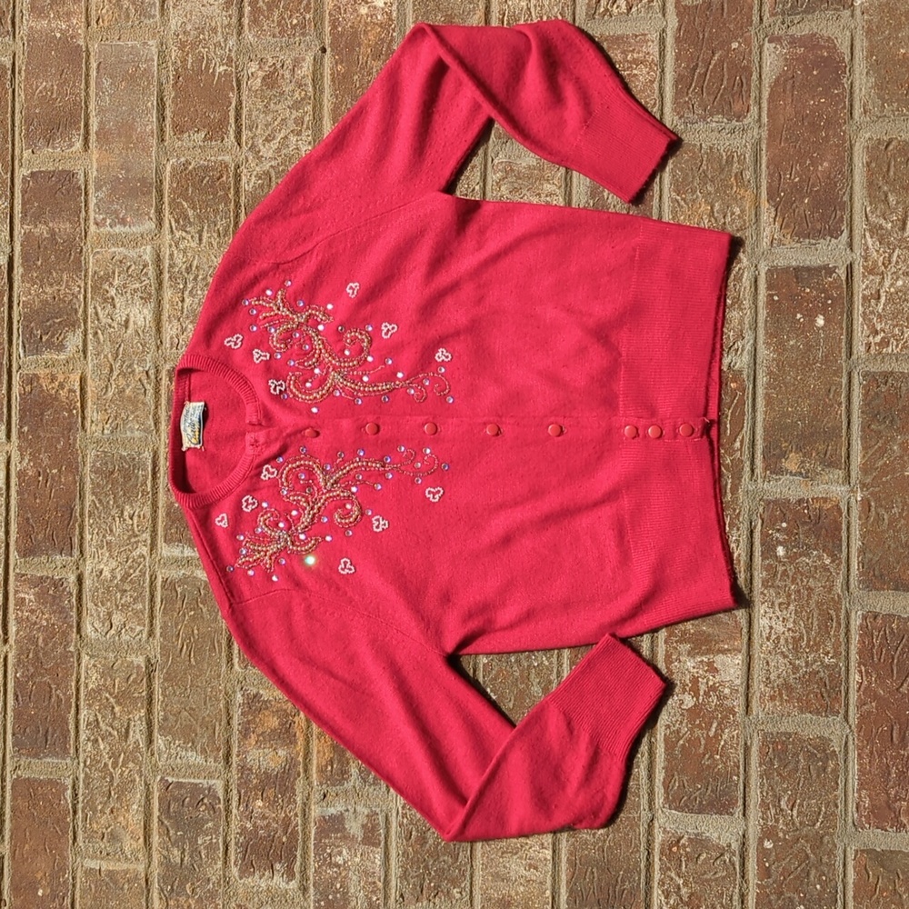 Vintage 1950s Red Orlon Beaded and Rhinestoned Knit Cardigan
